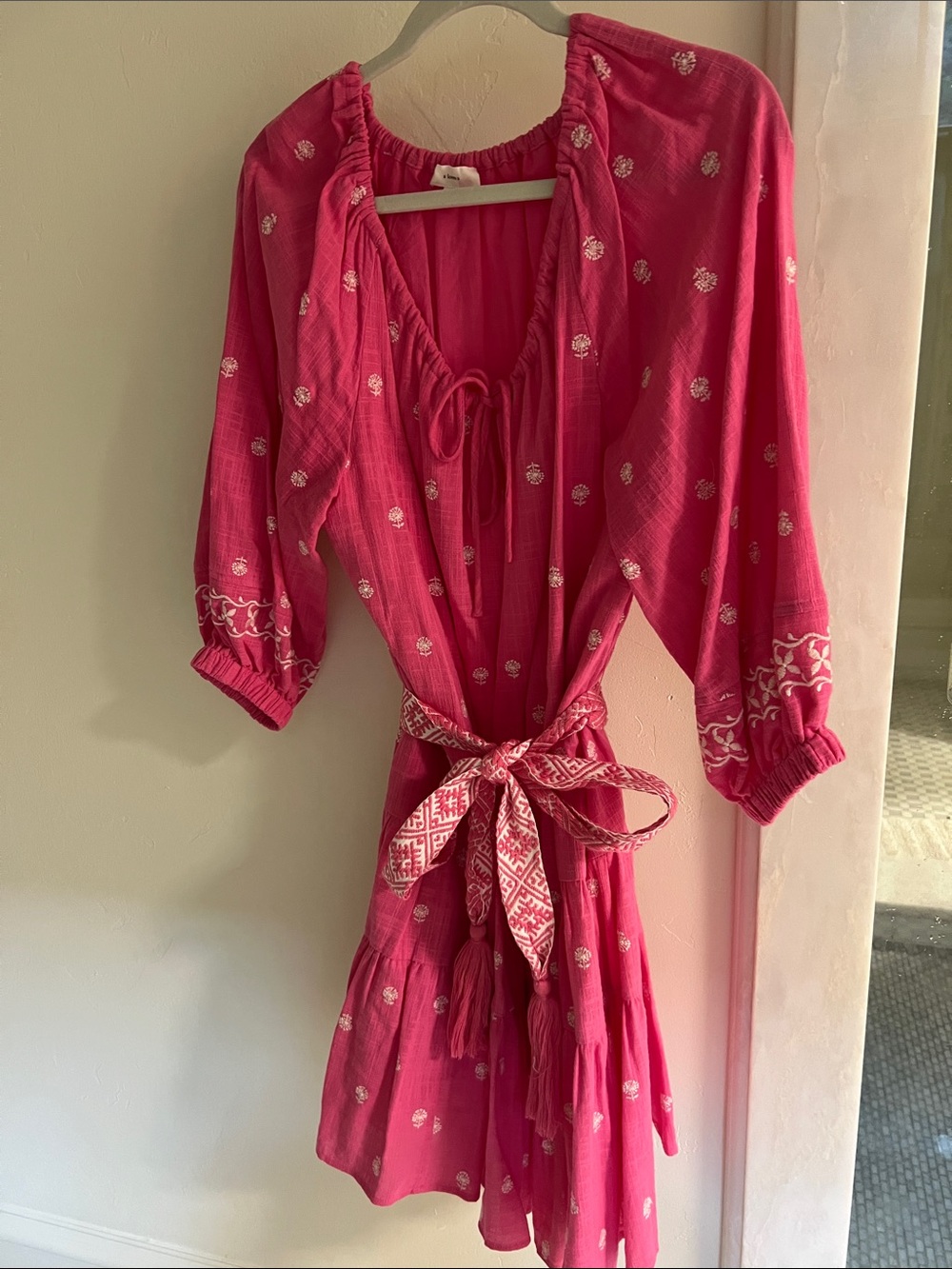 Women’s Pink Embroidered Dress with Tie Waist